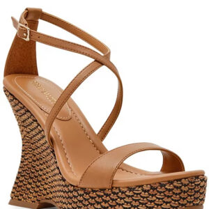 Steve Madden Caliana Nappa Leather Sculpted Raffia Wedge Dress Sandals