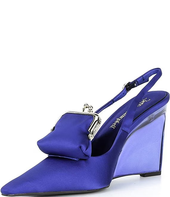 Jeffrey Campbell Pay-Me Satin Coin Purse Ornament Slingback Wedge Pumps - Image 4