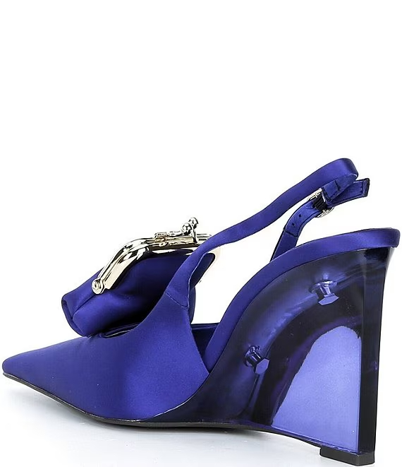Jeffrey Campbell Pay-Me Satin Coin Purse Ornament Slingback Wedge Pumps - Image 2