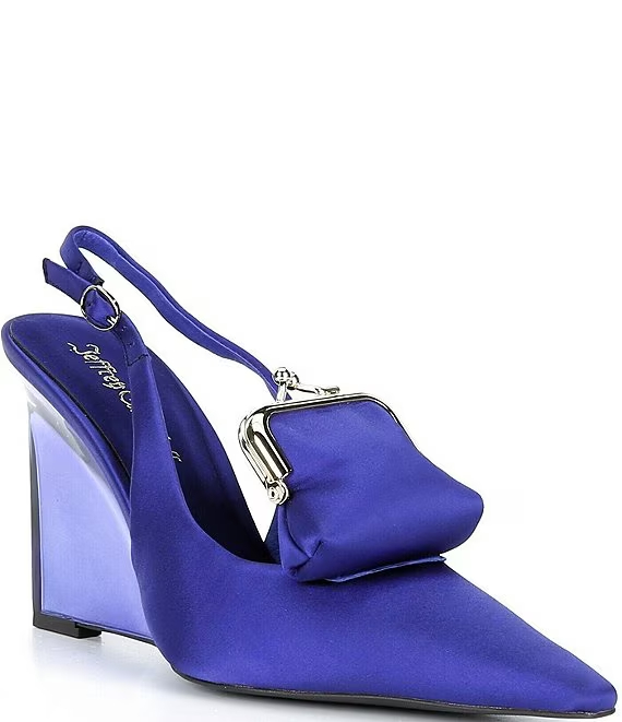 Jeffrey Campbell Pay-Me Satin Coin Purse Ornament Slingback Wedge Pumps