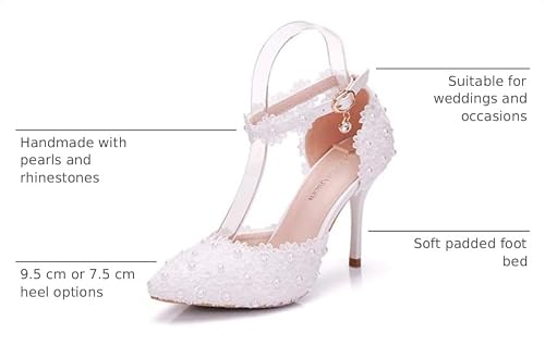 Women High Heels Sandals White Lace Pearls Wedding Shoes - Image 6