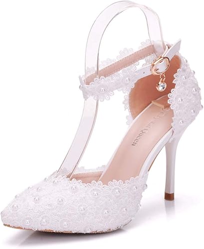 Women High Heels Sandals White Lace Pearls Wedding Shoes - Image 7