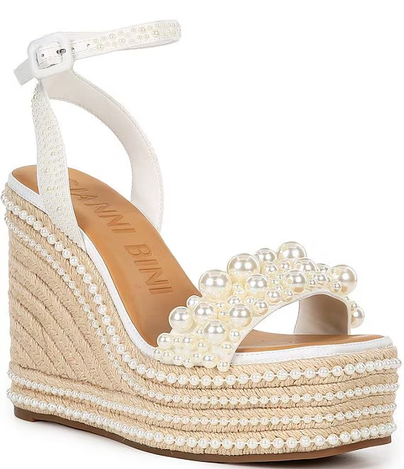 Gianni Bini Savanna Pearl Ornamented Woven Platform Wedge Sandals