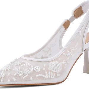ZBOT Women's Lace Mesh Sandals with Back Strap, Embroidered Kitten Heels