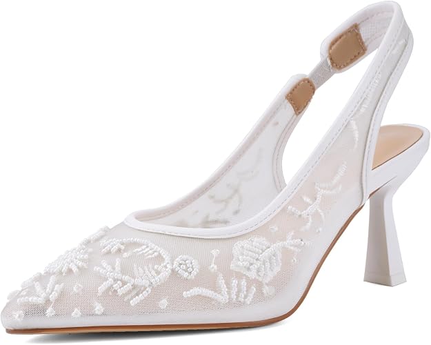 ZBOT Women's Lace Mesh Sandals with Back Strap, Embroidered Kitten Heels