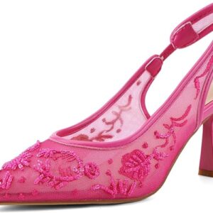ZBOT Women's Lace Mesh Sandals with Back Strap, Embroidered Kitten Heels