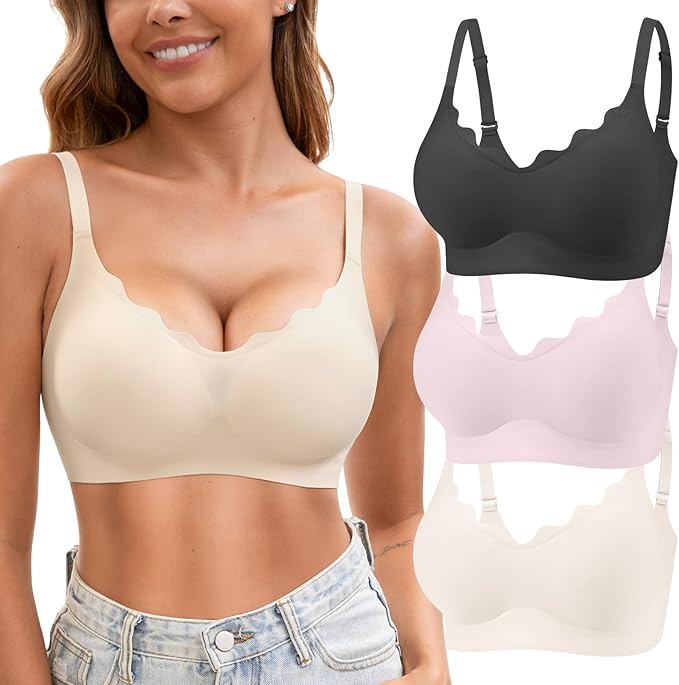 Womens Seamless T-Shirt Bras 3 Pack Wireless Comfy Jelly Bra,