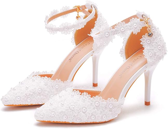 Women High Heels Sandals White Lace Pearls Wedding Shoes - Image 5