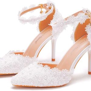 Women High Heels Sandals White Lace Pearls Wedding Shoes