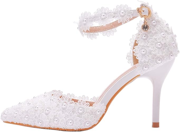 Women High Heels Sandals White Lace Pearls Wedding Shoes - Image 4