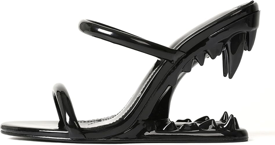 Women Strappy Heels Round Open Toe Heels Metallic Shark Tiger Teeth