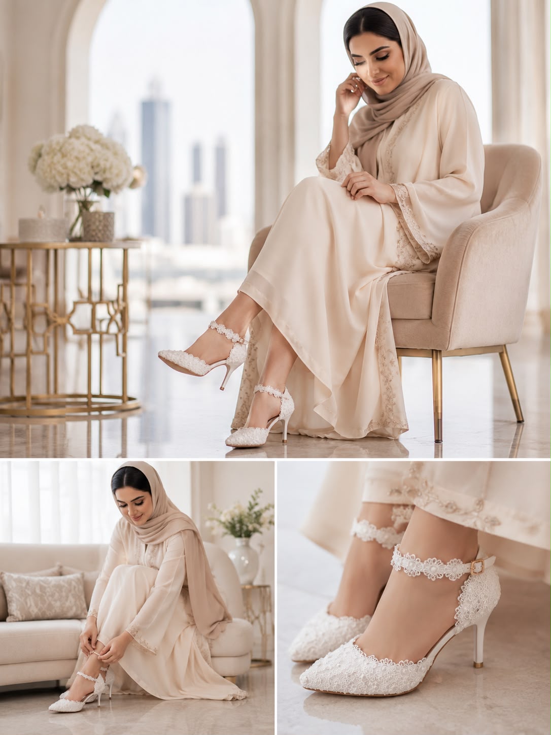 Women High Heels Sandals White Lace Pearls Wedding Shoes - Image 2
