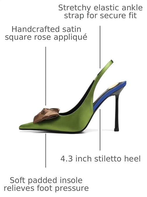Women's Square Rose Flower Slingback Pumps - Closed Pointed Toe High Heels - Image 5