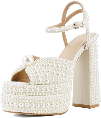Pearl Platform High Heels for Women Round Toe Ankle Strap Chunky Heeled - Image 10
