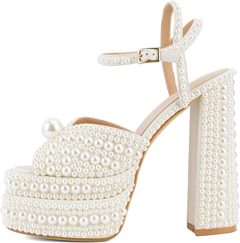 Pearl Platform High Heels for Women Round Toe Ankle Strap Chunky Heeled - Image 6