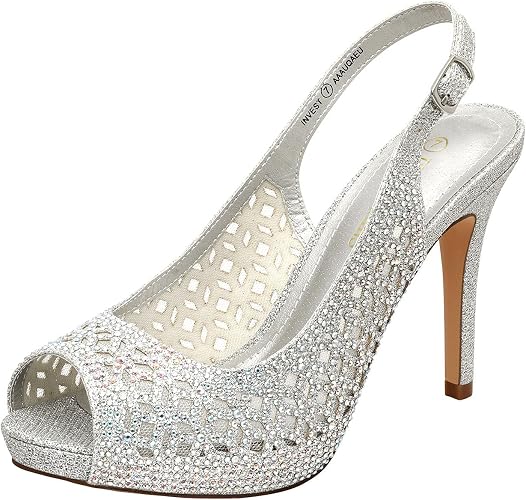 DREAM PAIRS Women's Platform Peep Toe Pump Heels Dress Rhinestones
