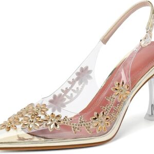 AUMOTED Women's Clear Mule Sandals Pointed Toe Slingback Heels Rhinestone