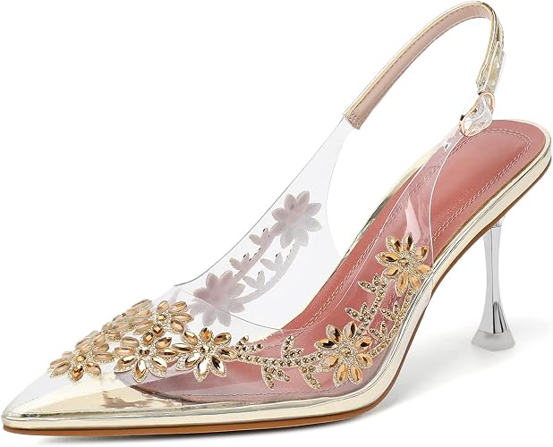 AUMOTED Women's Clear Mule Sandals Pointed Toe Slingback Heels Rhinestone
