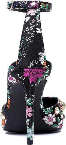 Mofirdast Womens Ankle Strap Colorful Rhinestones Heels Floral Print Embroidery - Image 4