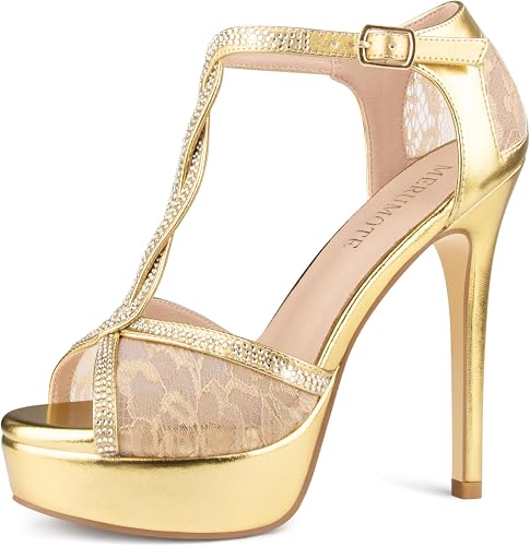 MERUMOTE Peep Toe Platform Stilettos Rhinestone Heels Lace Heels for Women