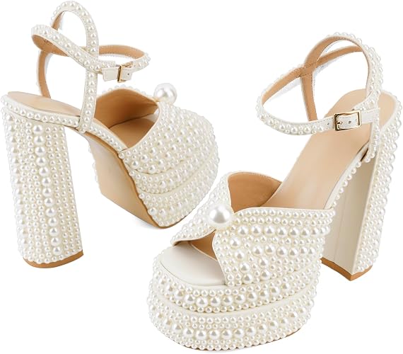 Pearl Platform High Heels for Women Round Toe Ankle Strap Chunky Heeled - Image 4