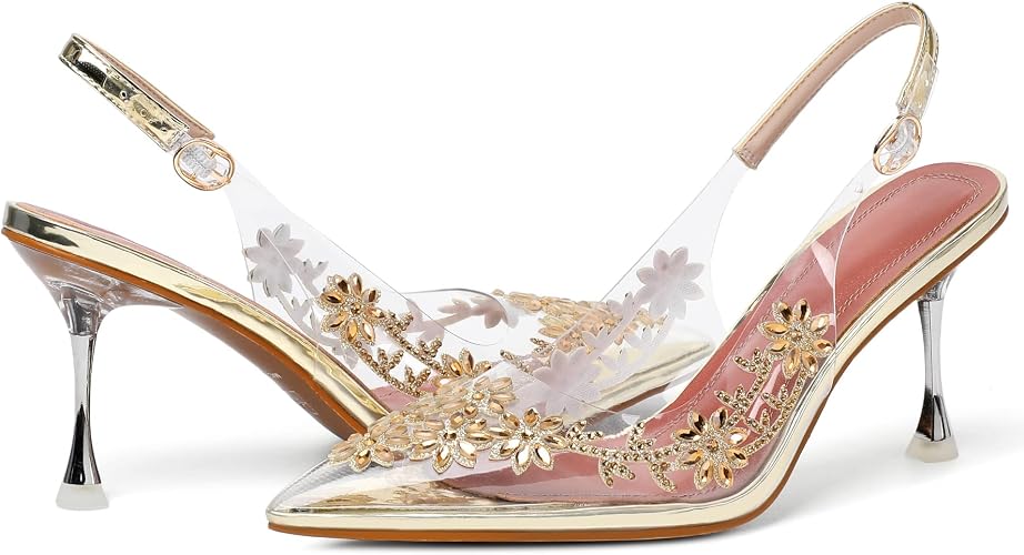 AUMOTED Women's Clear Mule Sandals Pointed Toe Slingback Heels Rhinestone - Image 7