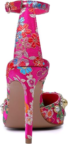 Mofirdast Womens Ankle Strap Colorful Rhinestones Heels Floral Print Embroidery - Image 4