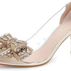 Berness Crystal Bow Pointed Toe Clear Kitten Heels for Women 2.5-inch Heel Height