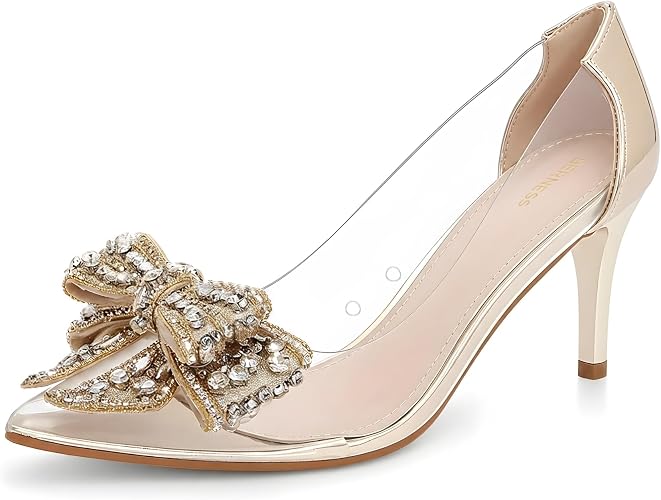Berness Crystal Bow Pointed Toe Clear Kitten Heels for Women 2.5-inch Heel Height