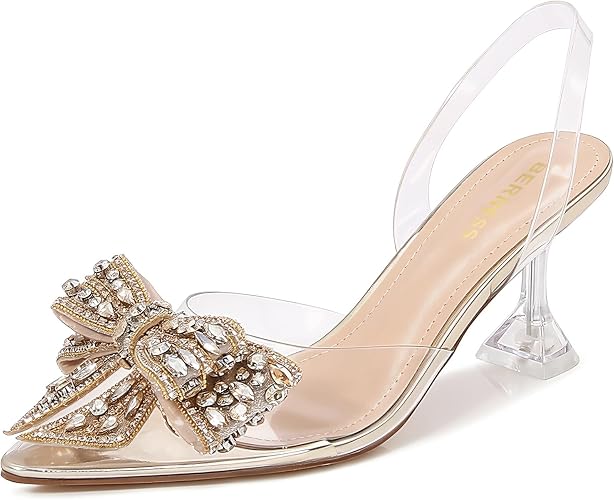 Berness Women's Crystal Bow Slingback Kitten Heels Closed Toe, 3-inch Heel