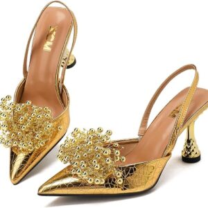 XCM Women's Pointed Closed Toe Slingback Pumps with Beaded Cluster 3.5