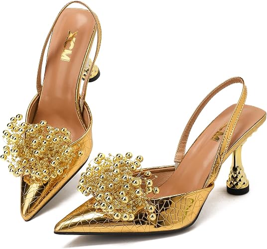 XCM Women's Pointed Closed Toe Slingback Pumps with Beaded Cluster 3.5
