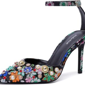 Mofirdast Womens Ankle Strap Colorful Rhinestones Heels Floral Print Embroidery