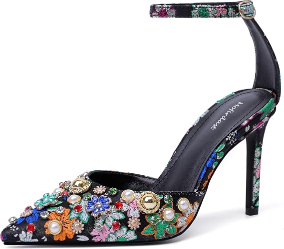 Mofirdast Womens Ankle Strap Colorful Rhinestones Heels Floral Print Embroidery