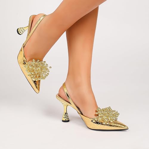 XCM Women's Pointed Closed Toe Slingback Pumps with Beaded Cluster 3.5 - Image 3