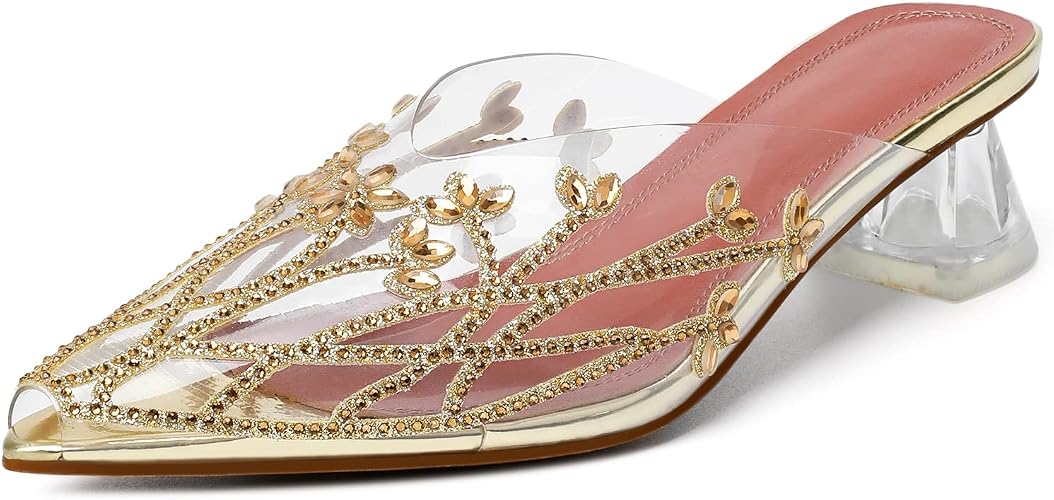 AUMOTED Women's Clear Mule Sandals Pointed Toe Slingback Heels Rhinestone