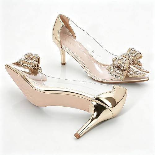 Berness Crystal Bow Pointed Toe Clear Kitten Heels for Women 2.5-inch Heel Height - Image 2
