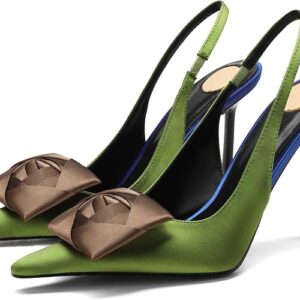 Women's Square Rose Flower Slingback Pumps - Closed Pointed Toe High Heels