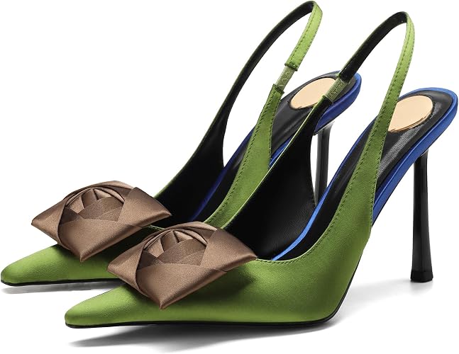 Women's Square Rose Flower Slingback Pumps - Closed Pointed Toe High Heels