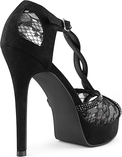 MERUMOTE Peep Toe Platform Stilettos Rhinestone Heels Lace Heels for Women - Image 3