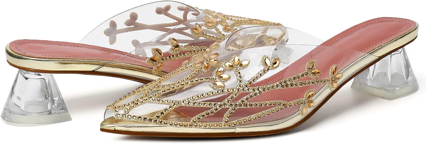 AUMOTED Women's Clear Mule Sandals Pointed Toe Slingback Heels Rhinestone - Image 3