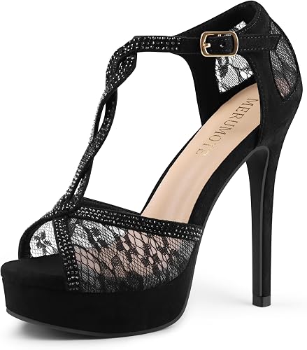 MERUMOTE Peep Toe Platform Stilettos Rhinestone Heels Lace Heels for Women