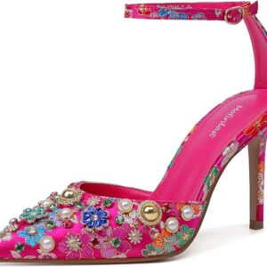Mofirdast Womens Ankle Strap Colorful Rhinestones Heels Floral Print Embroidery