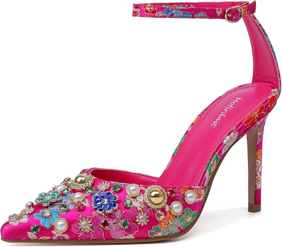 Mofirdast Womens Ankle Strap Colorful Rhinestones Heels Floral Print Embroidery