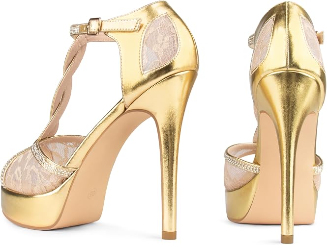 MERUMOTE Peep Toe Platform Stilettos Rhinestone Heels Lace Heels for Women - Image 3