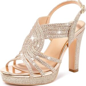 Platform Heels for Women Sandals Dressy Sparkly Rhinestone Chunky High Heels