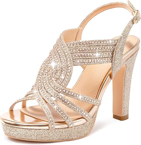 Platform Heels for Women Sandals Dressy Sparkly Rhinestone Chunky High Heels