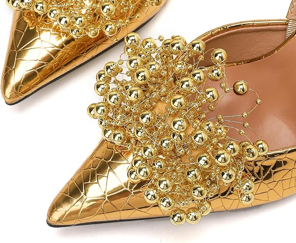 XCM Women's Pointed Closed Toe Slingback Pumps with Beaded Cluster 3.5 - Image 2