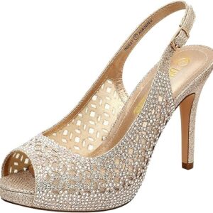 DREAM PAIRS Women's Platform Peep Toe Pump Heels Dress Rhinestones