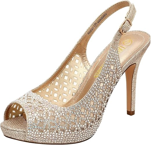 DREAM PAIRS Women's Platform Peep Toe Pump Heels Dress Rhinestones